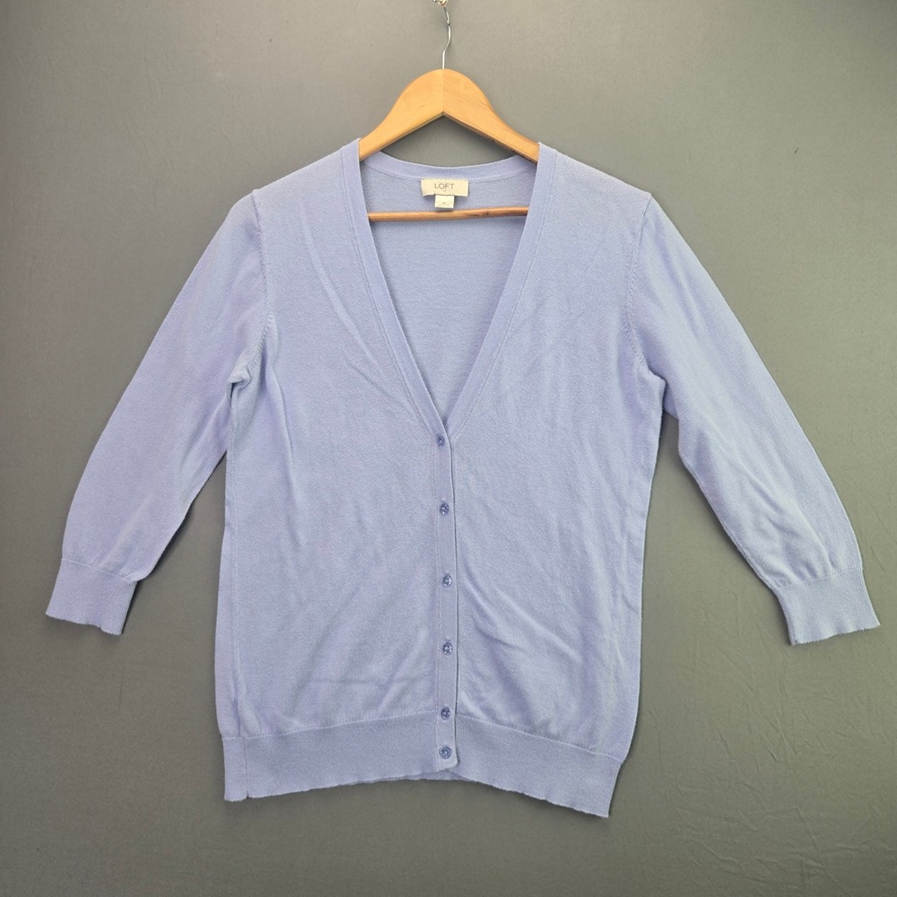 Loft Cardigan Sweater Womens Medium Blue V-Neck Button Up 3/4 Sleeve Knit Top